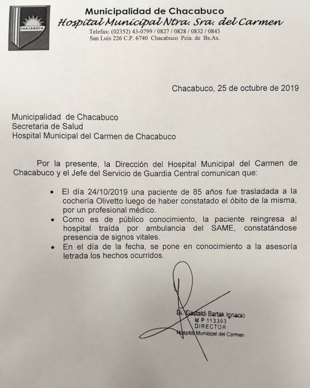 acta defunción Hospital Chacabuco