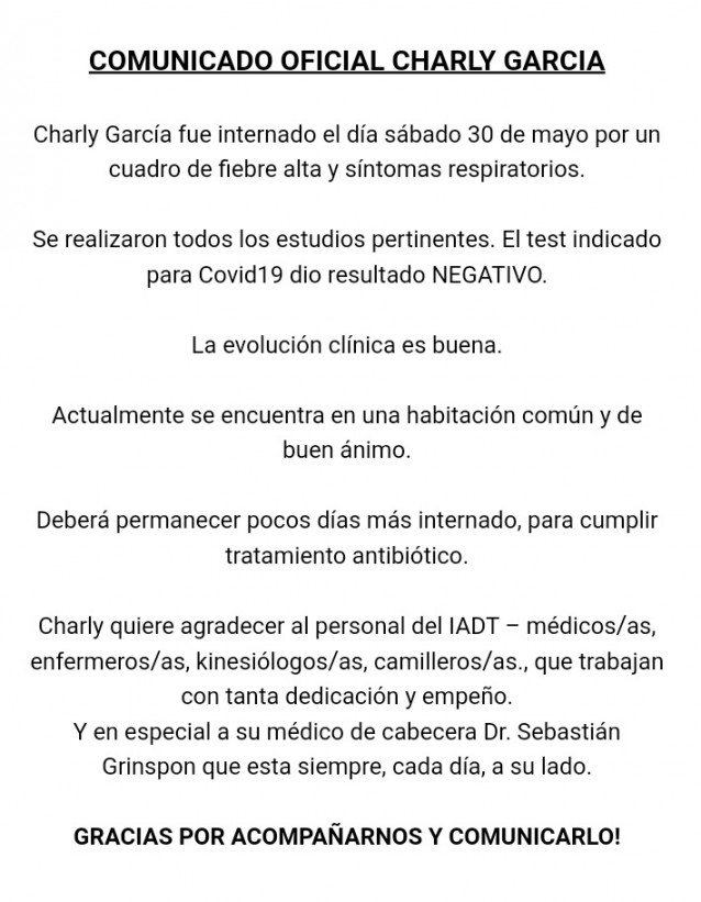 Parte médico de Charly García - 31 de mayo
